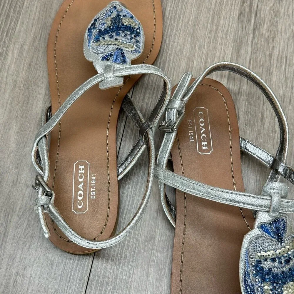 Coach Sandals Womens 7B Olga Embellished T-Strap Slingback Flats Leather Silver